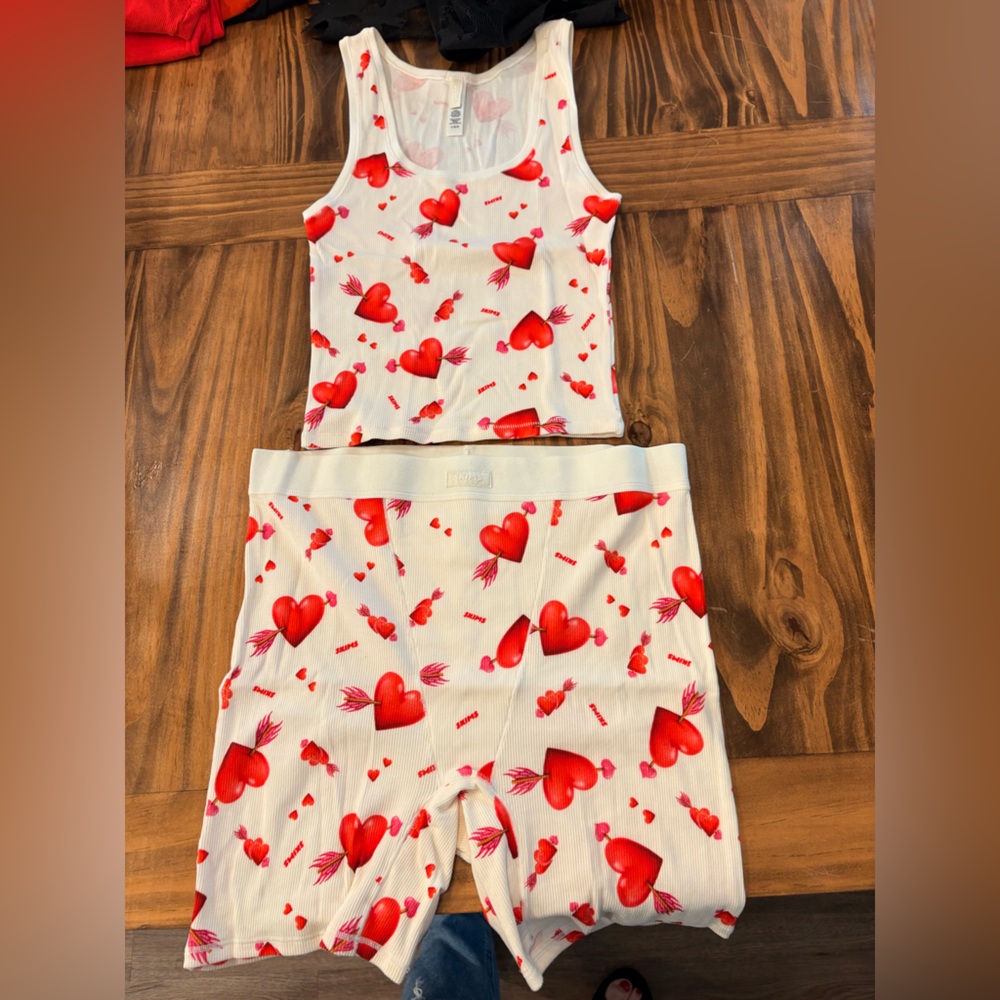 SKIMS Cream and Pink Ribbed Top and Bottoms